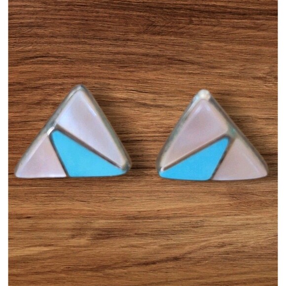 Vintage Southwestern Sterling Silver Earrings Turquoise Mother Of Pearl Inlay - Picture 1 of 4